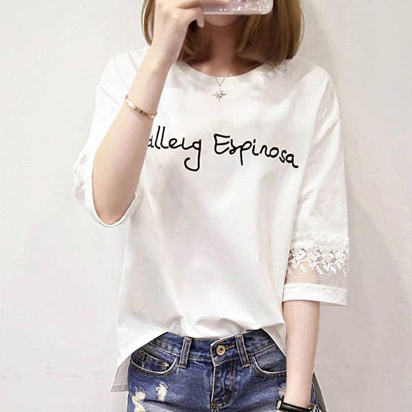 

t-shirt simple 2021 sleeve round neck switching lace number ladies fashion summer casual loose letter style women's, White