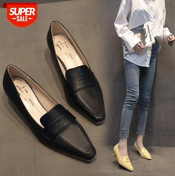 

small leather shoes female british style stiletto mid-heel simple solid color set foot women's retro pointed toe single #iu0s