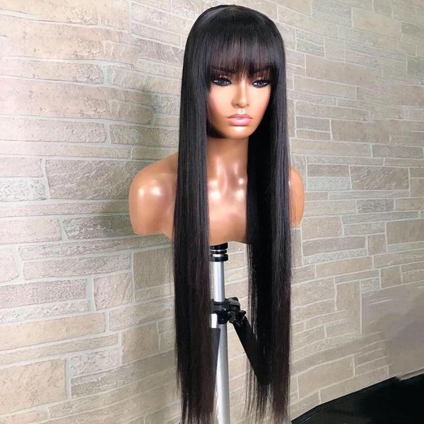 

lace wigs blacksilky straight with bangs front human hair preplucked 360 frontal silk base wig for women peruvian remy 200%, Black;brown