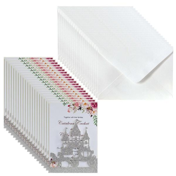 

20x wedding invitations card glitter hollow castle invite envelope bridal shower qx2e greeting cards