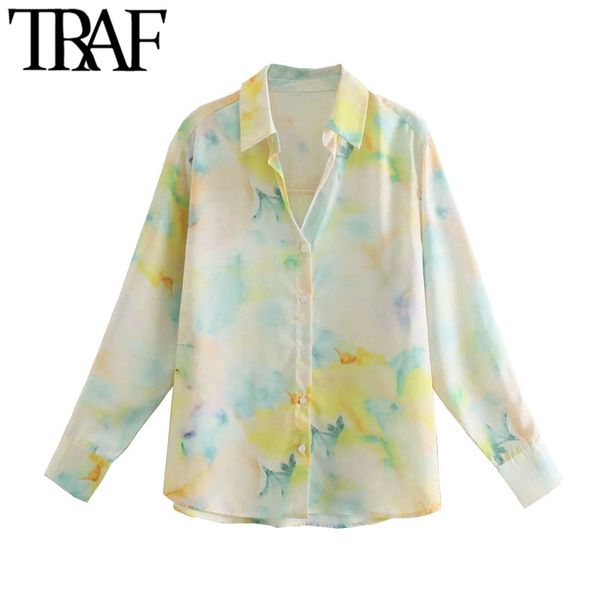 ONKOGENE Frauen Mode Tie-Dye Print Soft Touch Blusen Vintage Langarm Button-up Weibliche Shirts Blusas Chic Tops 210415
