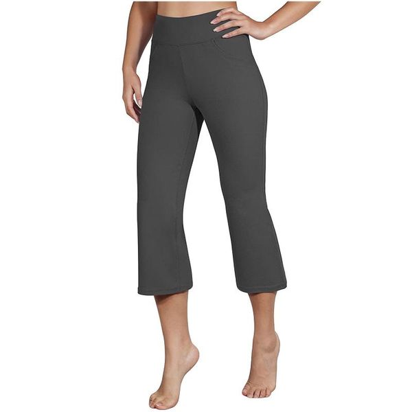 

yoga outfit pants women's pure color high waist pocket sports fitness wide leg capris exercise leggings activewear