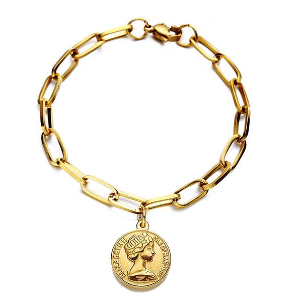 

charm bracelets vintage stainless steel queen avatar for women girls round disc coin trendy jewelry, Golden;silver