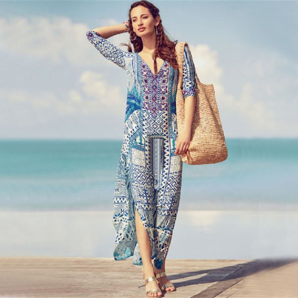 

cotton beach dress women cover ups print saida de banho para praia sarong robe plage cover tunic #q652 210420, White;black