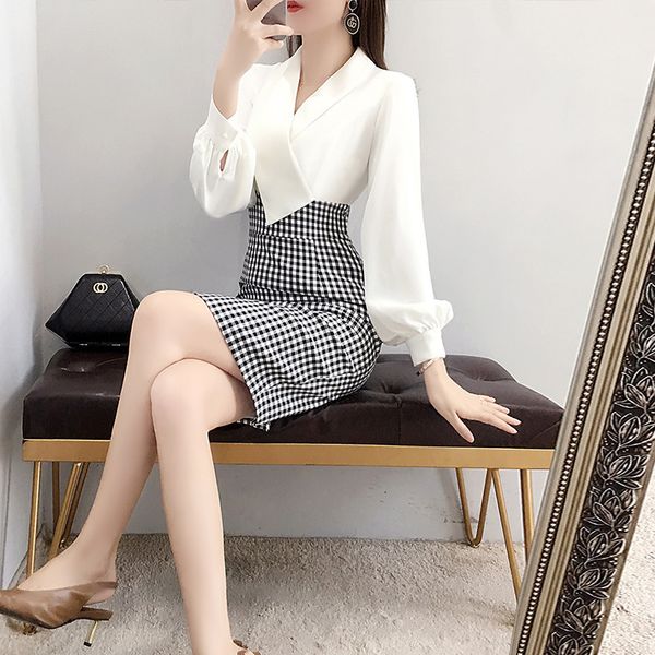 

2021 ol profsional dr's spring and autumn plaid splicing hip wrap skirt medium length temperament, White;black