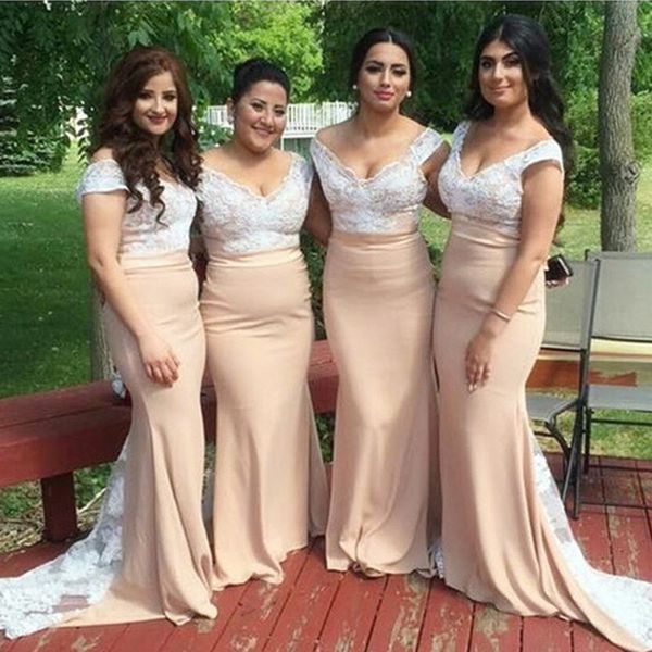 

peach bridesmaid dresses off the shoulder cap sleeves mermaid white lace applique bodice long custom wedding guest maid of honor gowns, White;pink