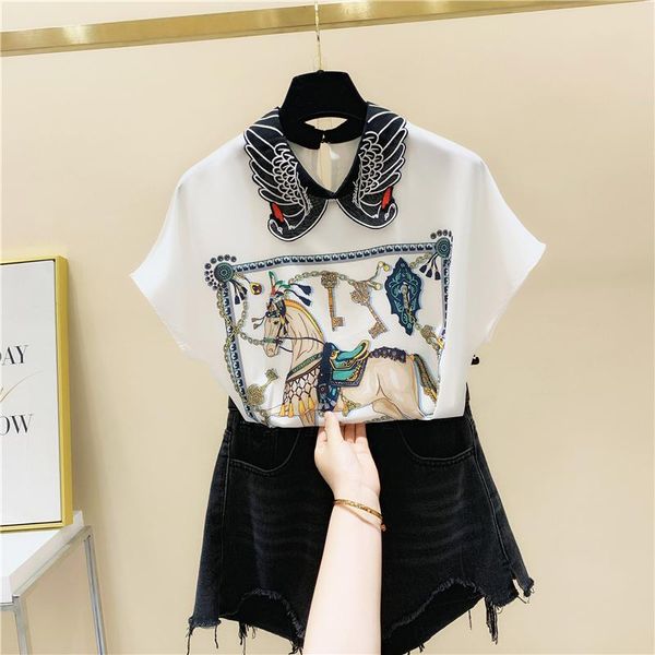 

women's blouses & shirts printed doll collar chiffon blouse women short sleeve shirt 2021 summer style ladies all-match blusas mujer, White