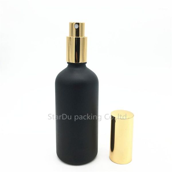 

storage bottles & jars 150pcs 100ml black frosted glass bottle with gold aluminum sprayer, essential oil spray perfume