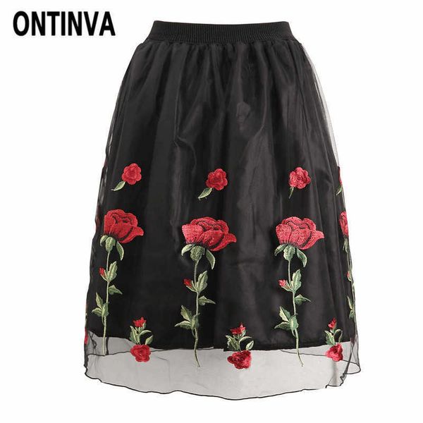 Retro Rosa Floral Bordado Midi Tulle Soff Saias Vintage Vintage Cintura alta Saia Feminina Malha Vestido Bola 210527