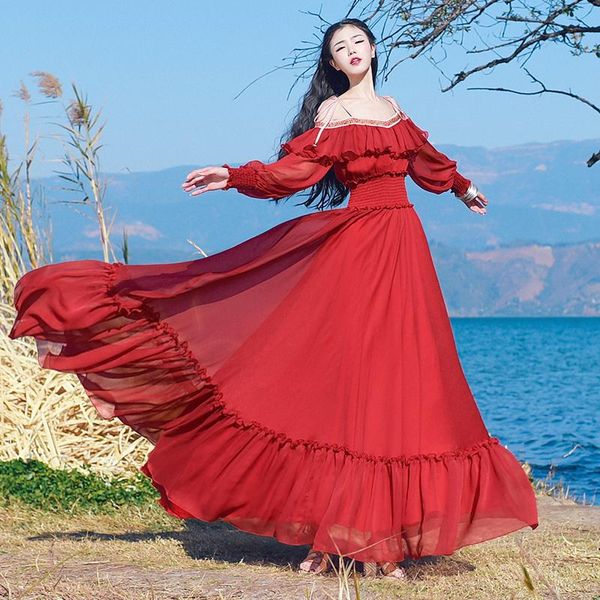 

casual dresses ng 2021 women long maxi bohemian lantern sleeve spring and summer boshow s-l embroider chiffon, Black;gray