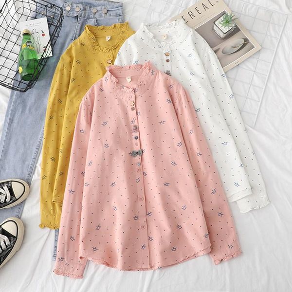 

print crown women blouses shirts tunic womens 2021 womenswear long sleeve clothing button up down white dot bow fashion women's &