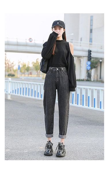 

women's jeans casual woman waist trousers streetwear denim washed harem pants loose ninth, Blue