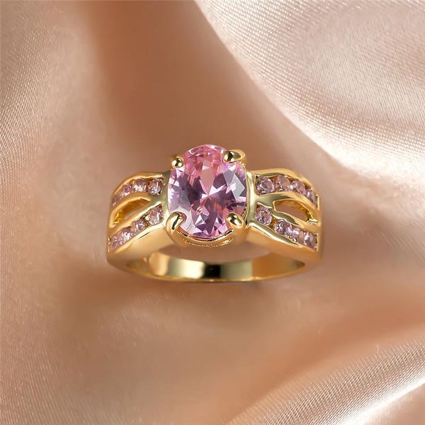 

cute female pink crystal ring charm gold color big wedding rings for women luxury oval zircon stone engagement, Slivery;golden