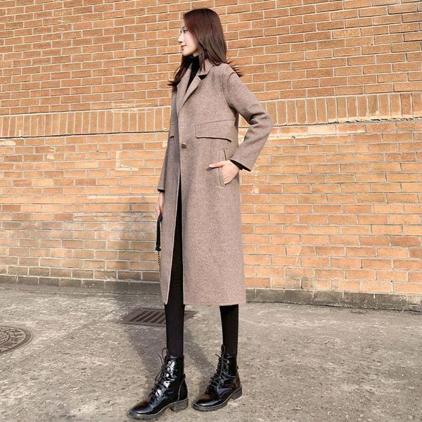 

women's wool & blends women 2021 autumn winter fashion long coat female thickened and slim woolen jackets ladies elegant casual outwear, Black