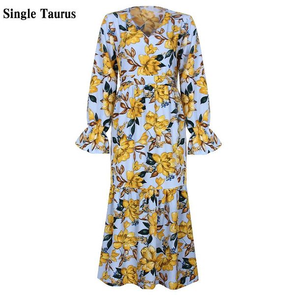 

casual dresses 2021 fall winter woman flowers print dress fashion streetwear long sleeve v neck elegant lady maxi vestido de mujer, Black;gray