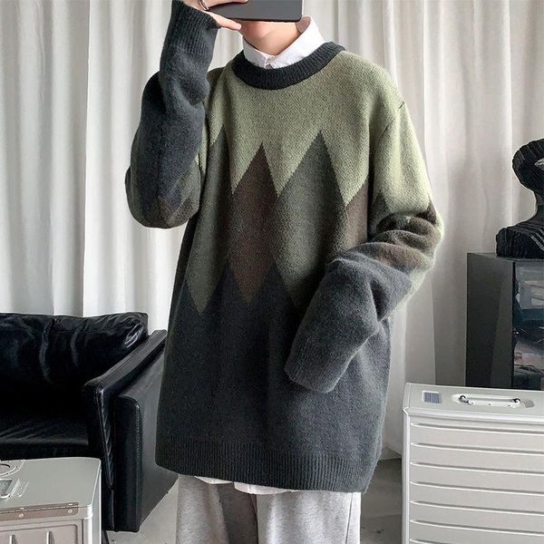 

men's sweaters hybskr winter patchwork sweater round neck pullover casual fashion oversize male autumn vintage clothing, White;black