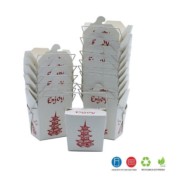 

disposable take out containers 20packs pagoda wire handle chinese takeout box microwaveable kraft white paper leak and grease resistant stac