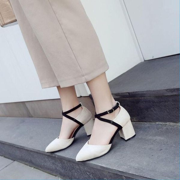 

stylish womens sweet girls sandals pointed toe block thick high heels crossover strap buckle suede shoes, Black