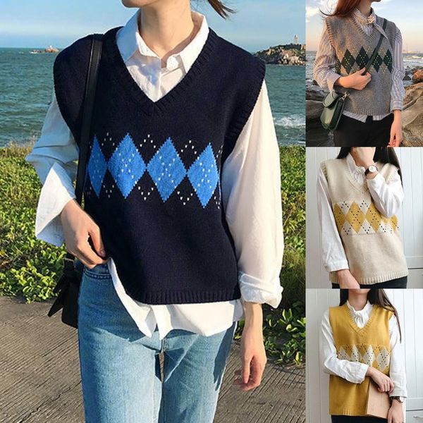 

women's vests women autumn knitted sleeveless vest v-neck argyle plaid patterns sweater preppy style contrast color pullover tank top, Black;white
