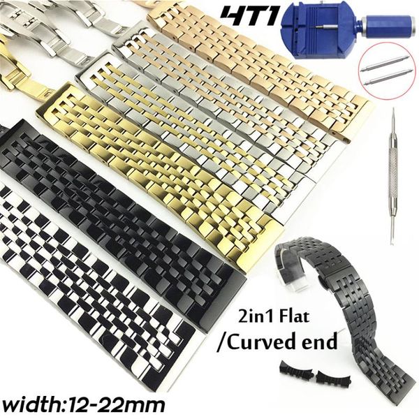 

watch bands 2in1 curved straight stainless steel band 12 14 16 17 18mm 19 20 21 22mm strap wrist bracelet replacement watchband, Black;brown