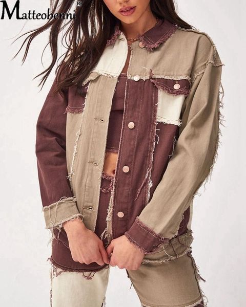 

autumn women's patchwork denim jacket plus size long sleeve vintage boyfriend jean jackets 2021 single breasted fashion coat, Black;brown