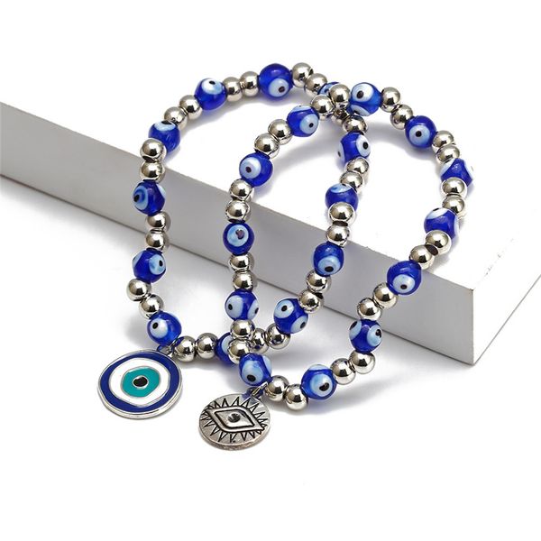 Blue Evil Eyes Fili di perline Braccialetti con ciondoli Fashion Stretch Bracciale con perline d'argento Braccialetti Ciondolo turco fortunato Accessori per gioielli per donna Uomo Regali