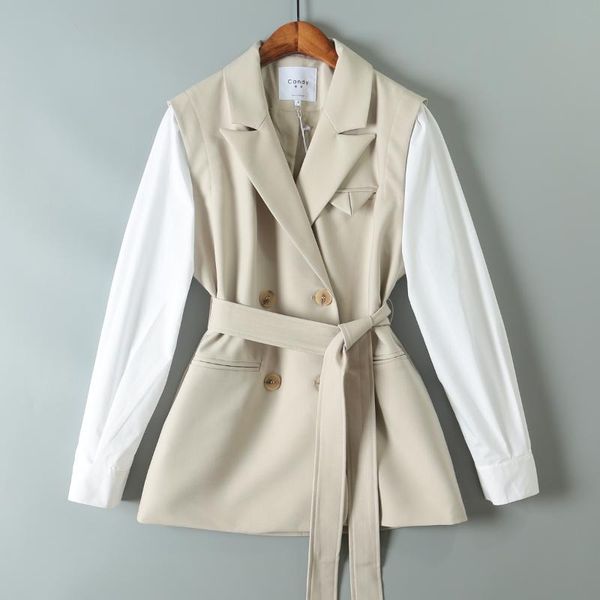 

women's casual suit stitching lace-up waist was thinner commuting ol style workplace jacket 0330 trench coats, Tan;black