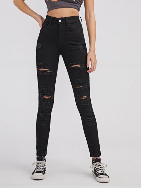 

curvy high waist ripped skinny jeans 72we#, Blue