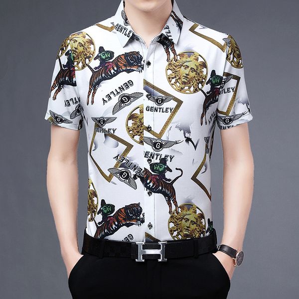 

men's shirts summer short sleeve floral shirt ice silk half fashion casual printing trend, White;black