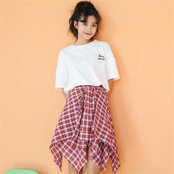

skirts 2021 real s korean version short-sleeved t-shirt with plaid skirt fashion two-piece suit, Black