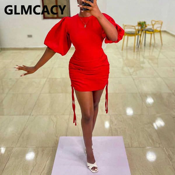 

women solid color lantern sleeve pleated bodycon mini dress 210702, Black;gray