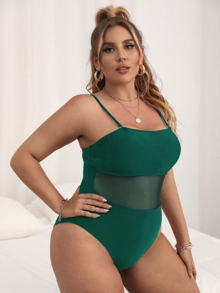 

plus contrast mesh one piece swimsuit q19w#, Black