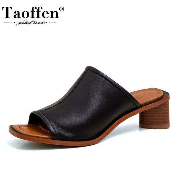 

taoffen woman summer shoes genuine leather high heels sandals solid color ladies fashion slippers footwear size 34-43, Black