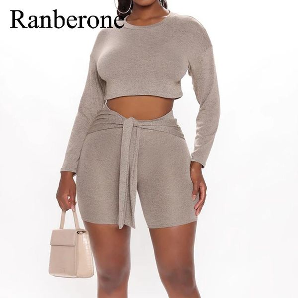 

ranberone women sport suit long sleeve crop lace-up shorts yoga sportsuit workout outfit seamless polyester gym set