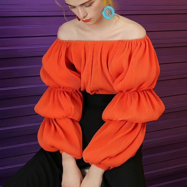 

women's blouses & shirts long puff sleeve off shoulder lady pleated party sweet women the korean, White
