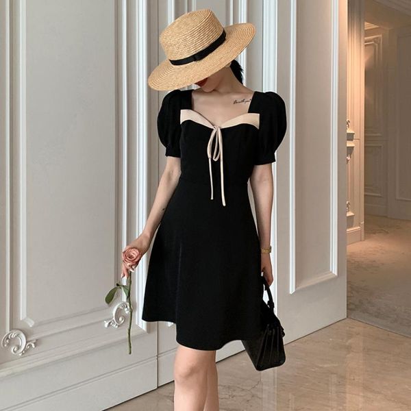 

casual dresses elegant women's black dress ladies robe bowknot square neck short sleeve party midi 2021 summer vestidos korean clothing, Black;gray
