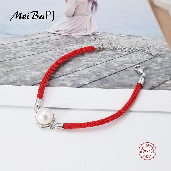 

[meibapj]925 sterling silver bracelet natural freshwater pearl red rope for women fashion charm jewelry bangle, Black