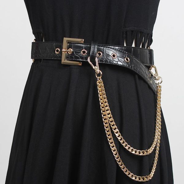 

belts [ewq] 2021 fashion novelty all-match elastic waist cover women personally chain metal buckle alligator paint leather belt 8y415, Black;brown