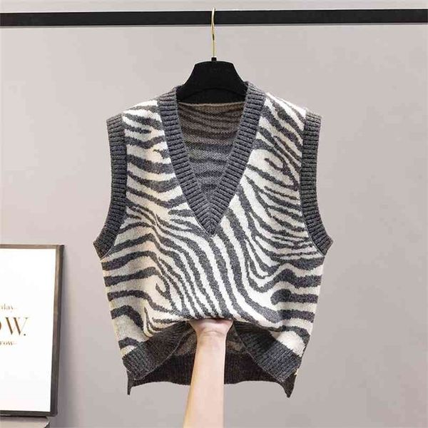 

waistcoat vest jacket autumn knit women's sweater winter zebra pattern outer wear loose korean style 210909, Black;white