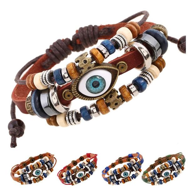 

charm bracelets multi-layer vintage beaded big eye accessory bracelet weave multicolor adjustable size male female cowhide jewelry, Golden;silver
