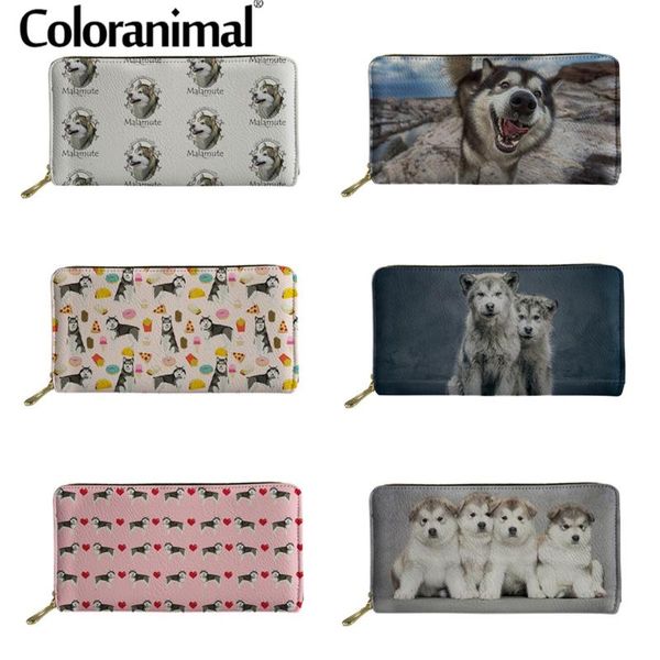 

wallets coloranimal alaskan malamute dog long print on demand coin storage bag for travel organize leather pocket phone purse, Red;black