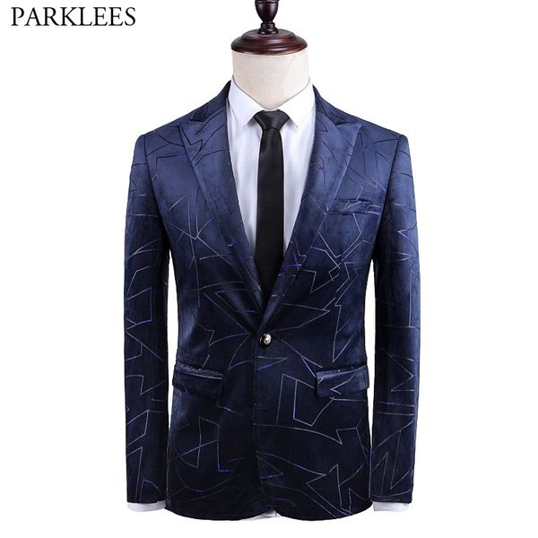 Mens Moda Impressão Geométrica Velvet Blazer Um Botão Laple Slim Fit Dress Terno Casaco Partido Jantar Casamento Traje Homme 210522