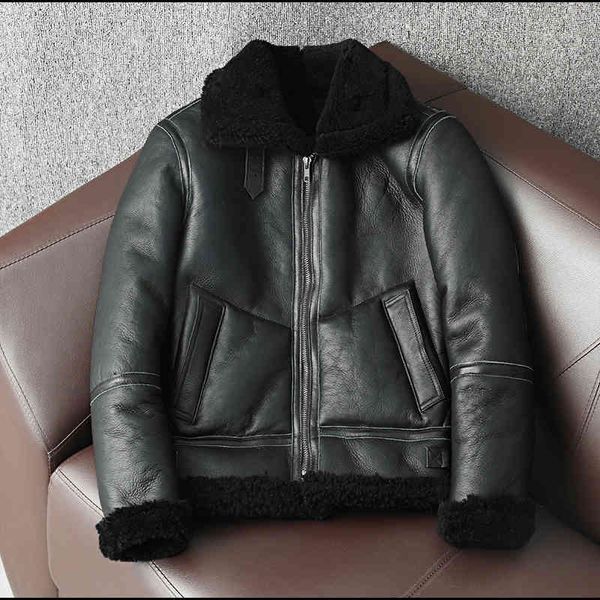 

men's leather & faux winter genuine sheepskin jacket mens wool fur for motorcycle plus size 5xl thick natural warm coat 1kzn, Black