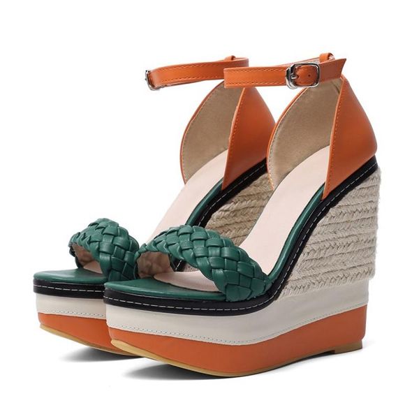 

platform sandals 2021 women summer lady wedges multicolor patchwork fish mouth roman wedding party shoes 14cm high heels 888-3, Black