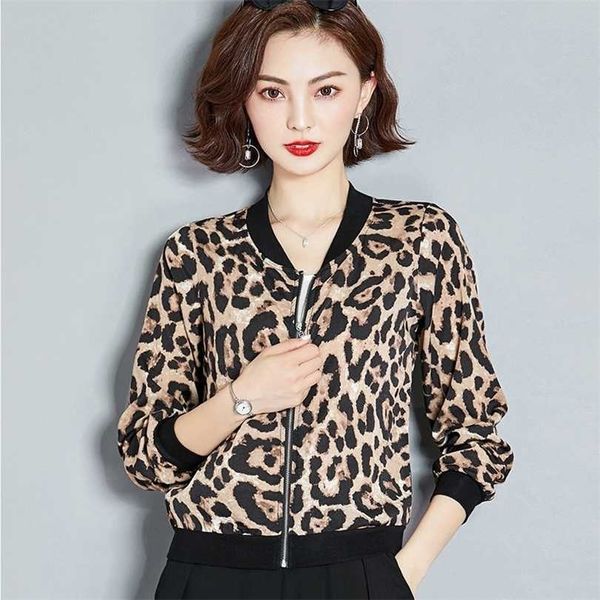 Leopard Imprimir Mulheres Casaco Fino Casaco Revestido Collar Manga Longa Bombardeiro Casual Tops Mulher Grande Senhoras Casacos 211014