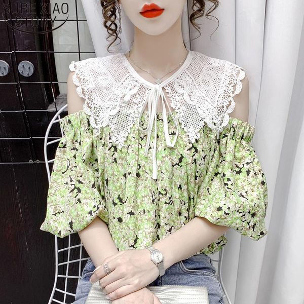 

women's blouses & shirts 2021 summer chiffon blouse women fashion lace collar stitching french style temperament off shoulder shir, White