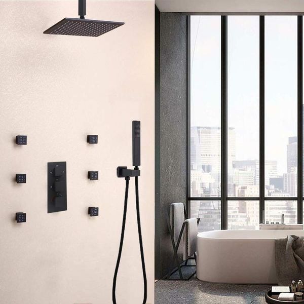 

luxury bathroom thermostatic solid brass rainfall shower head system,16" led rain mixer faucets combo set ceiling mounted sets