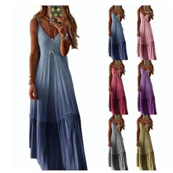 

casual dresses spring summer style europe and america womens dress loose fit v neck gradient color strapped, Black;gray