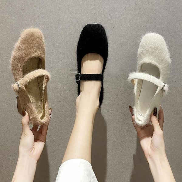 

dress shoes 2021 fur heels brief pumps slimming sandals round toe roman style latest sweet all-match crossdressers block 3cm bran, Black