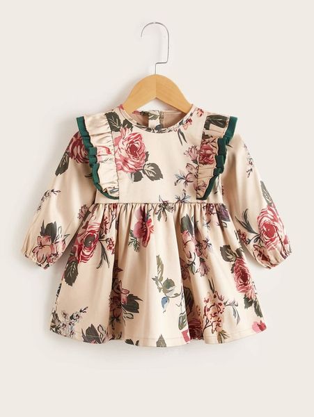 

baby floral print ruffle trim bishop sleeve dress she, Red;yellow